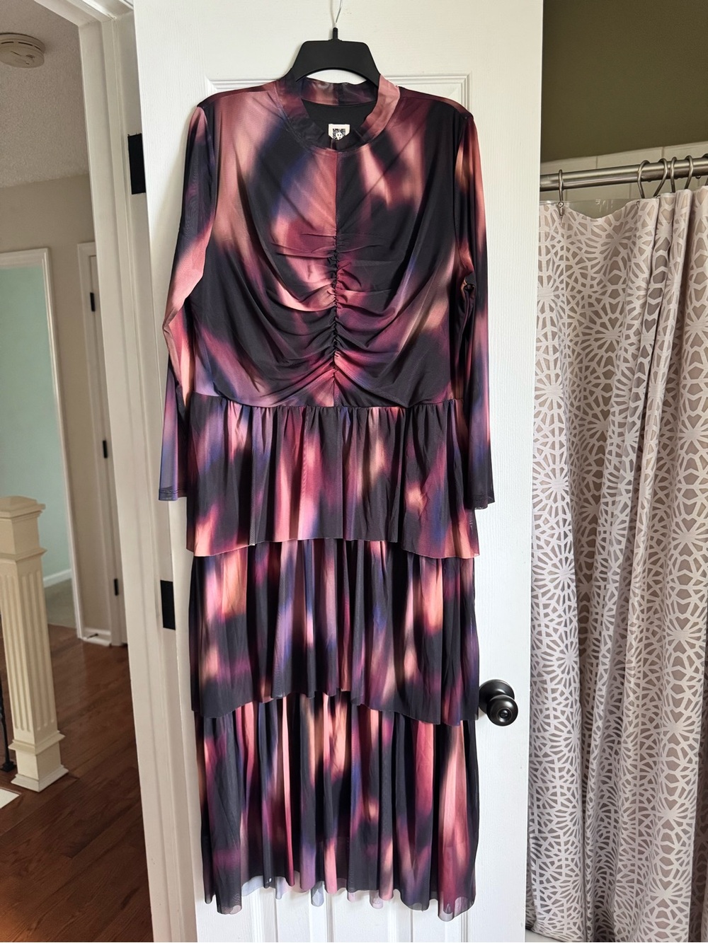 Anne Klein Long Sleeve Tiered Midi Dress in Burgundy and Black Abstract